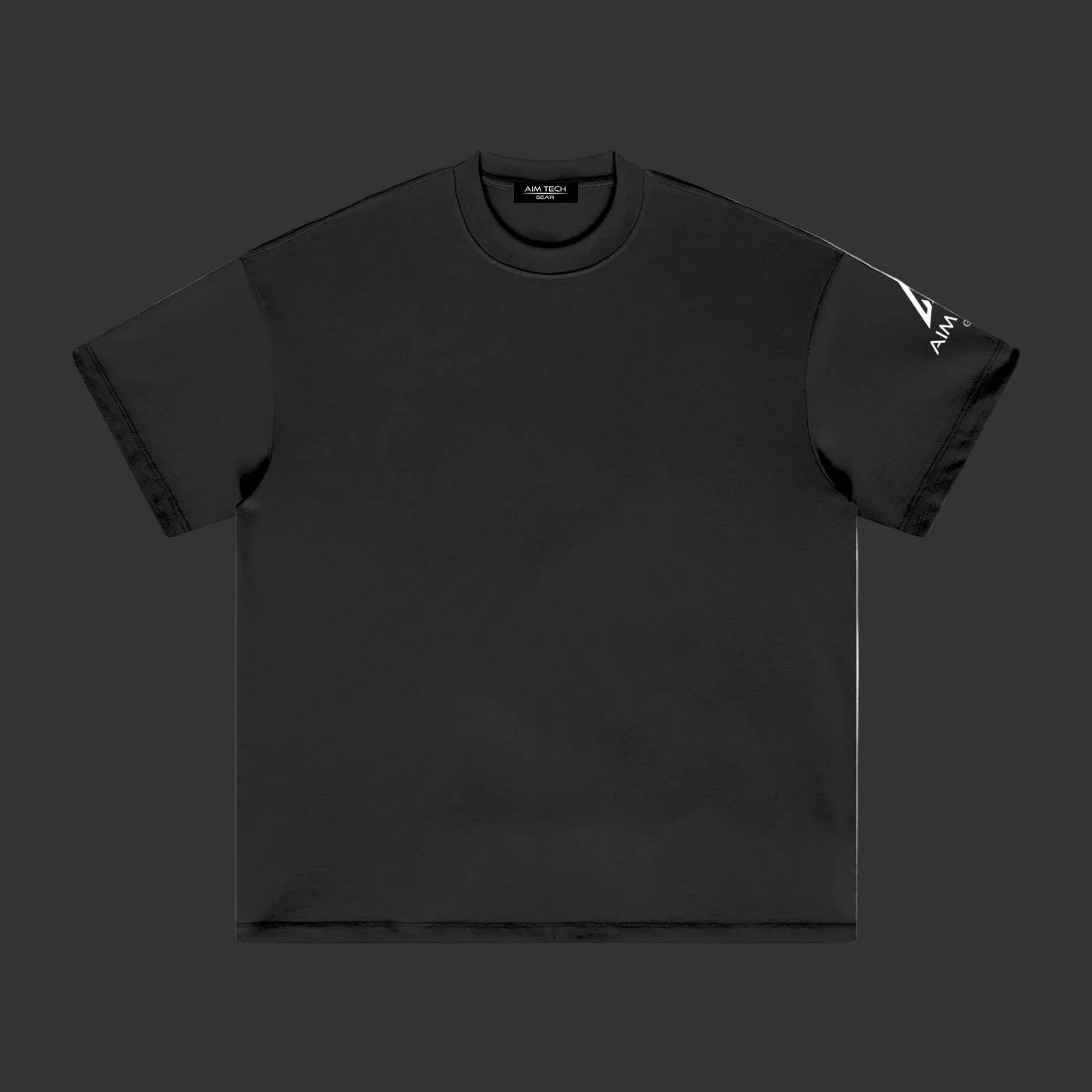 Black t-shirt with a logo on the sleeve against a white background